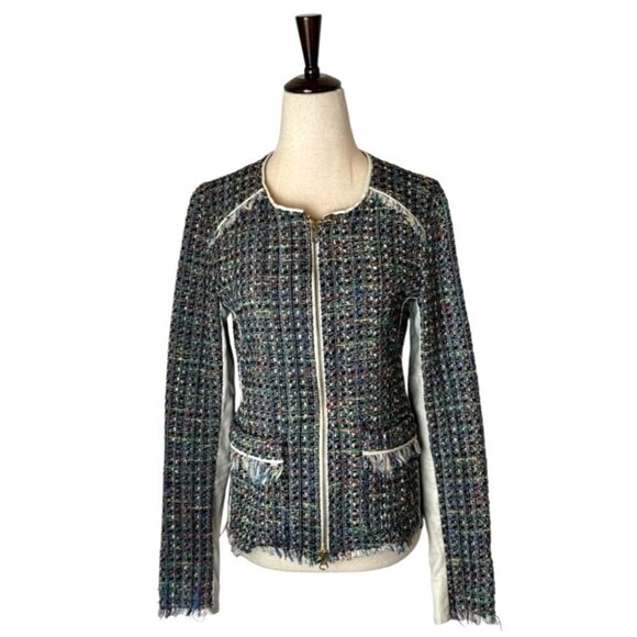 Ramy Brook Jacket Women Small Black Tweed Leather Sleeve And Trim Full Zip Retro - Picture 1 of 16